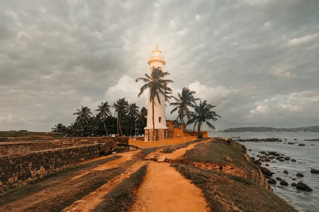 Galle Fort lighthouse at dusk surrounded by palm trees